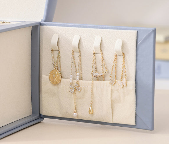 White Luxury PU Leather Jewelry Storage Box - 3-Tier Organizer with Mirror for Necklaces, Earrings, and Rings Jewelry is a photo prop and is not included
