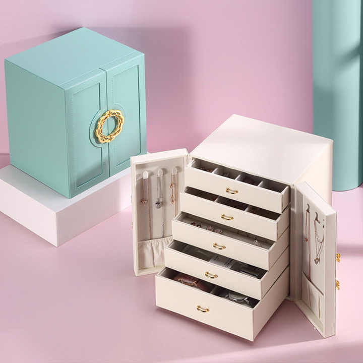 White Elegant 5-Layer Large Capacity Jewelry Storage Box with Dual Opening Doors - Perfect for Organizing Necklaces, Rings, Earrings, and More Jewelry is a photo prop and is not included