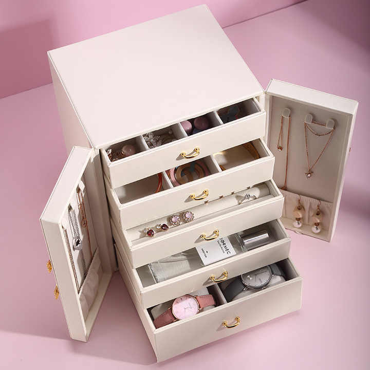 White Elegant 5-Layer Large Capacity Jewelry Storage Box with Dual Opening Doors - Perfect for Organizing Necklaces, Rings, Earrings, and More Jewelry is a photo prop and is not included