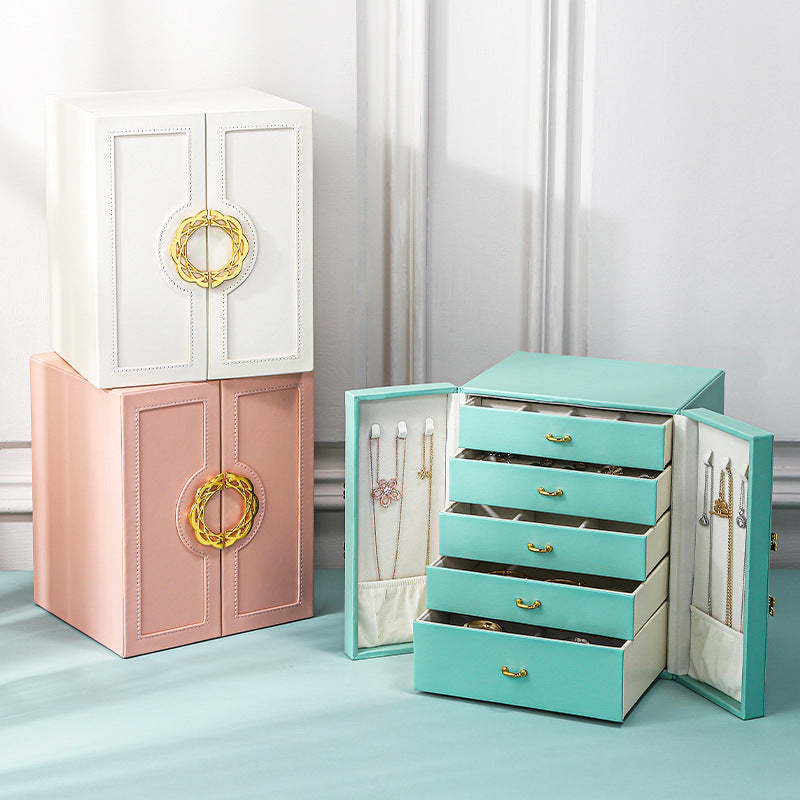 Pink Elegant 5-Layer Large Capacity Jewelry Storage Box with Dual Opening Doors - Perfect for Organizing Necklaces, Rings, Earrings, and More Jewelry is a photo prop and is not included