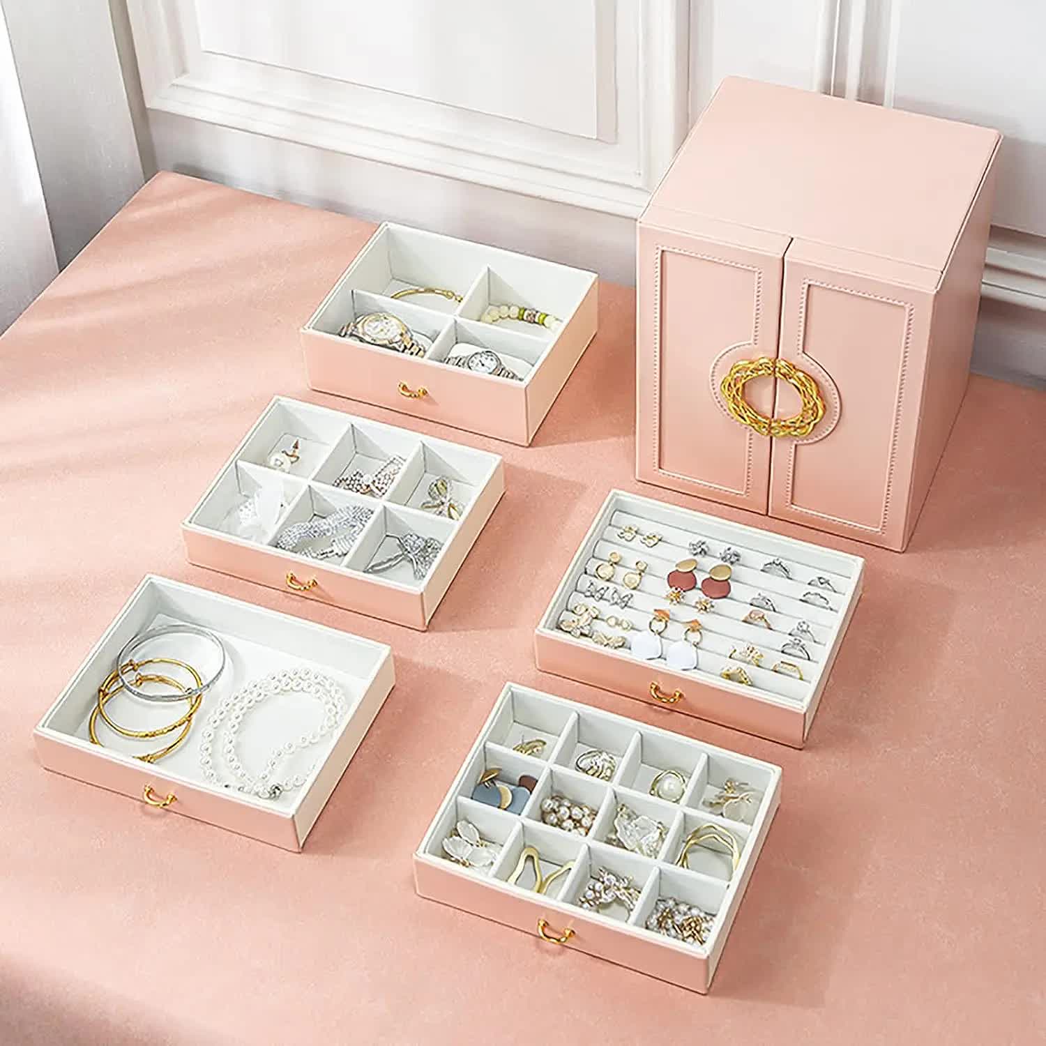 Pink Elegant 5-Layer Large Capacity Jewelry Storage Box with Dual Opening Doors - Perfect for Organizing Necklaces, Rings, Earrings, and More Jewelry is a photo prop and is not included