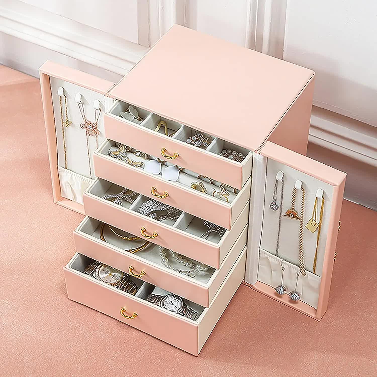 Pink Elegant 5-Layer Large Capacity Jewelry Storage Box with Dual Opening Doors - Perfect for Organizing Necklaces, Rings, Earrings, and More Jewelry is a photo prop and is not included