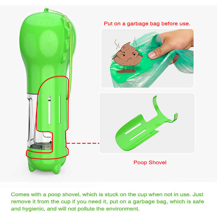 Green Portable Pet Water Bottle with Waste Bag Dispenser - 300ml Leak-Proof Travel Hydration Solution