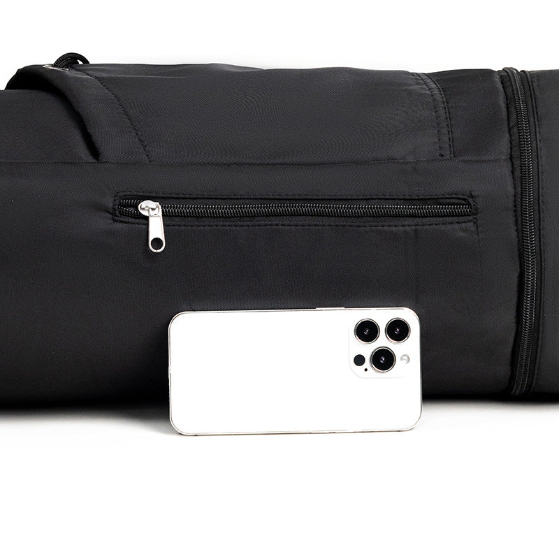 Black Durable Yoga Mat Carry Bag – Multi-Functional Fitness Backpack with Wet Pocket Mugs are filming props, not included