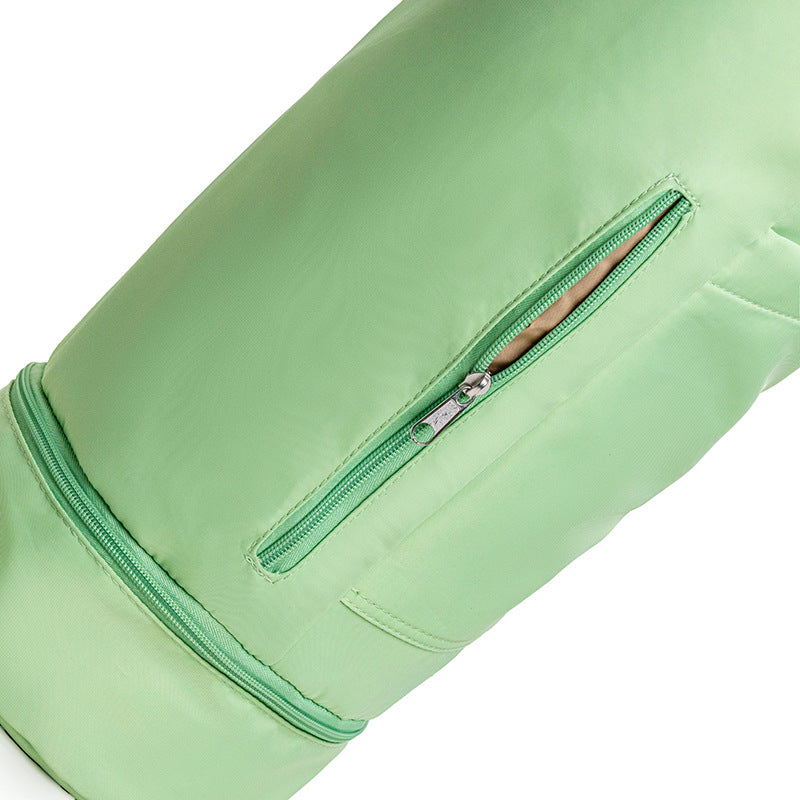 Green Durable Yoga Mat Carry Bag - Multi-Functional Fitness Backpack with Wet Pocket Mugs are filming props, not included