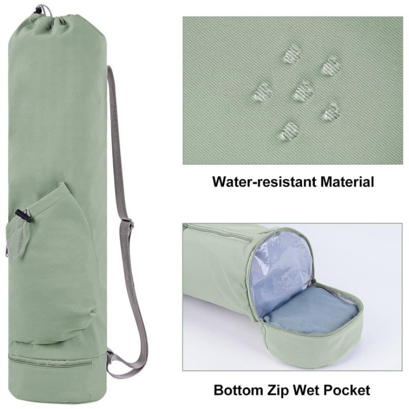 Green Durable Yoga Mat Carry Bag - Multi-Functional Fitness Backpack with Wet Pocket Mugs are filming props, not included