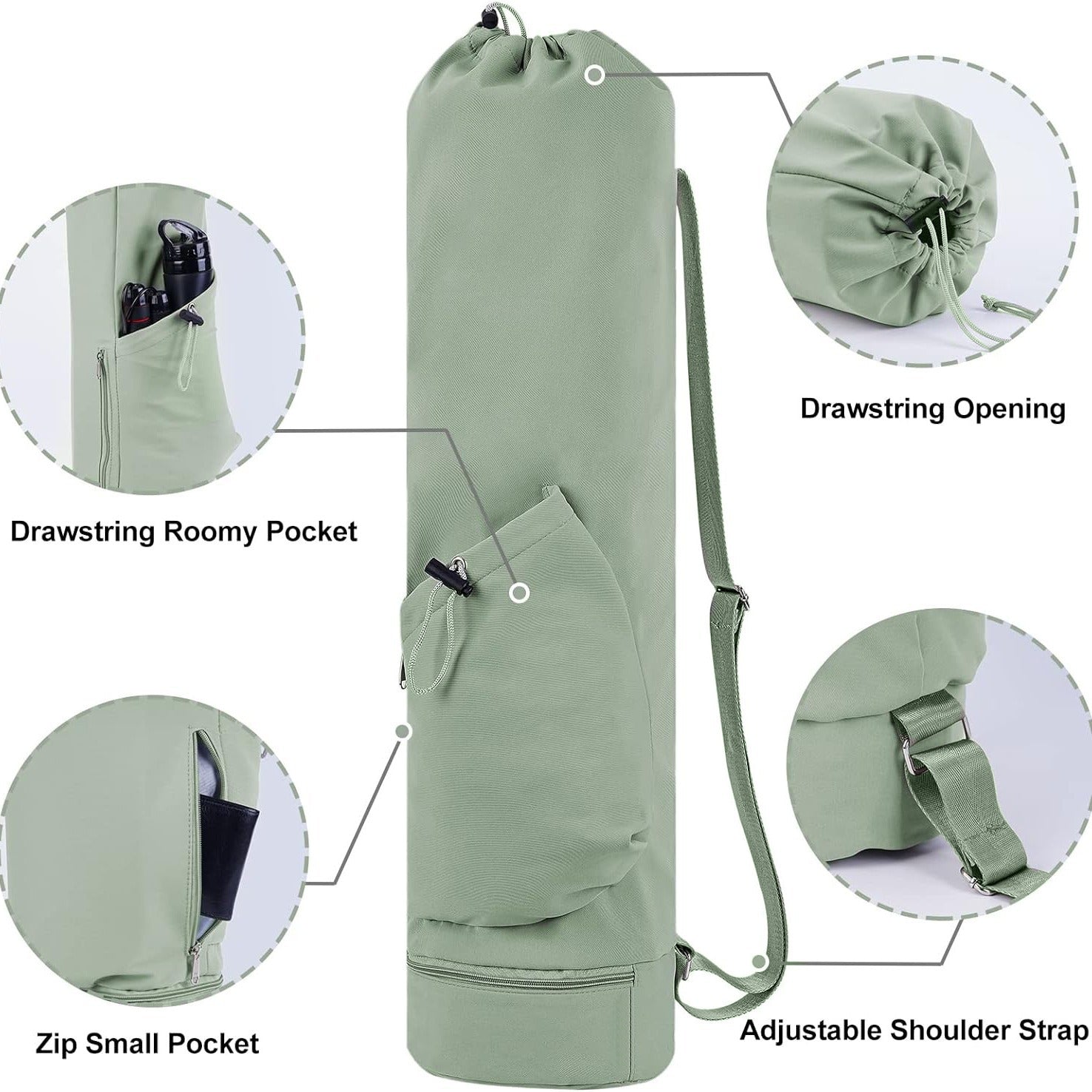 Green Durable Yoga Mat Carry Bag - Multi-Functional Fitness Backpack with Wet Pocket Mugs are filming props, not included