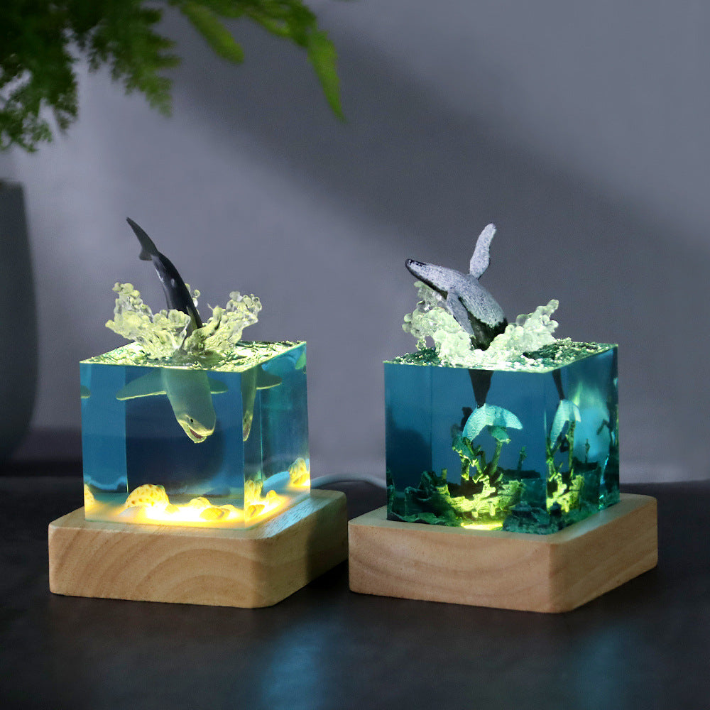 Blue Ancient Architecture Humpback Whale in the Water Handcrafted Ocean Resin Whale Night Light - Unique Home Decor Table Lamp