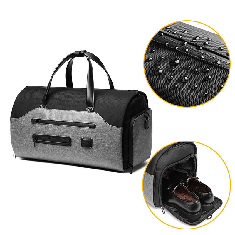 Men's Black Waterproof Multi-Functional Travel Duffel Bag - Foldable Short Trip Gym Bag with Shoe Compartment