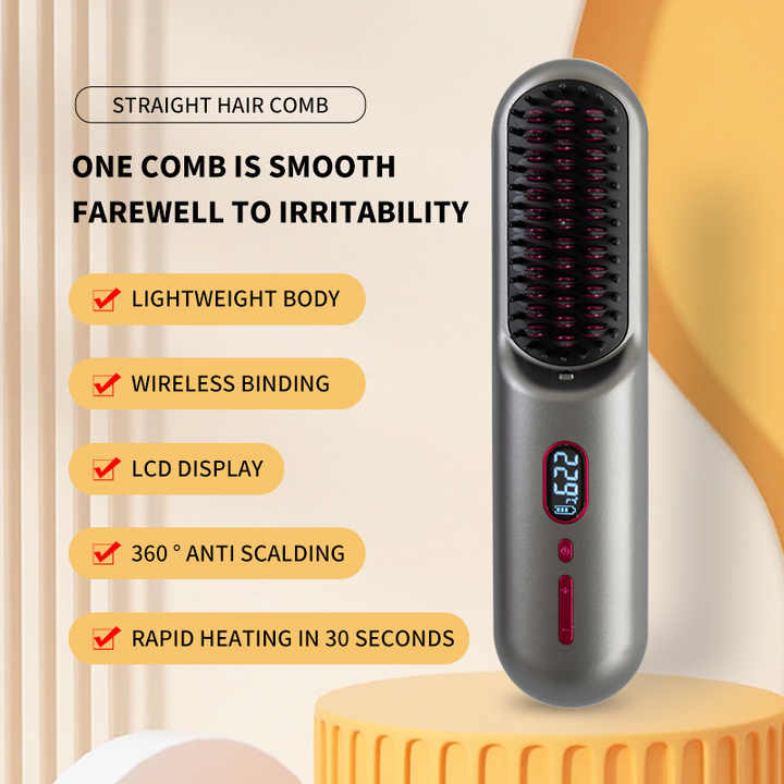 Gray Rechargeable Portable Ionic Hair Straightening Comb - USB Wireless Travel Hair Style