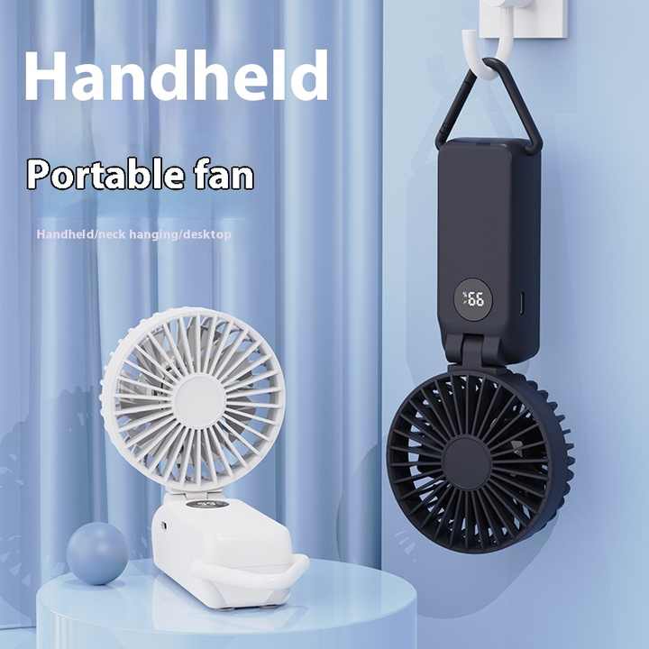 White Portable Handheld Fan with 2000mAh Battery - 3-in-1 Design for Desk, Handheld, and Hanging Use Model Q3