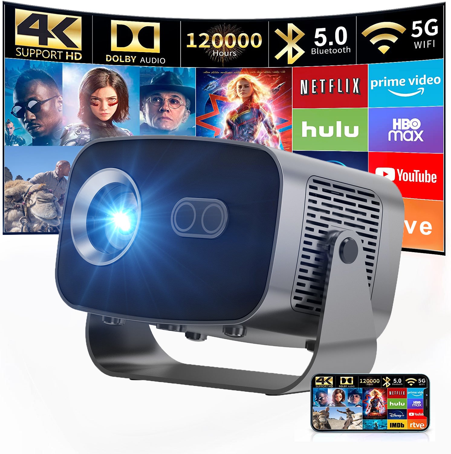 V100 Auto-Focus 4K Mini Projector 950S with Android WiFi for Home Theater 197*91*101MM 2+8G