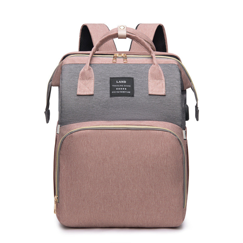 Multifunctional Diaper Backpack with Mosquito Net and Insulated Pockets - Pink and Grey