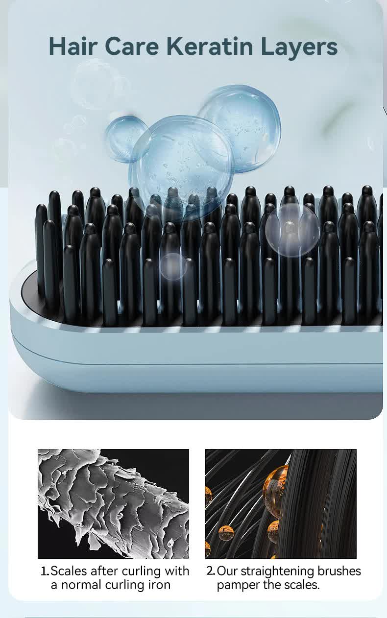 Cordless Hair Straightener Brush with Adjustable Temperature - Black