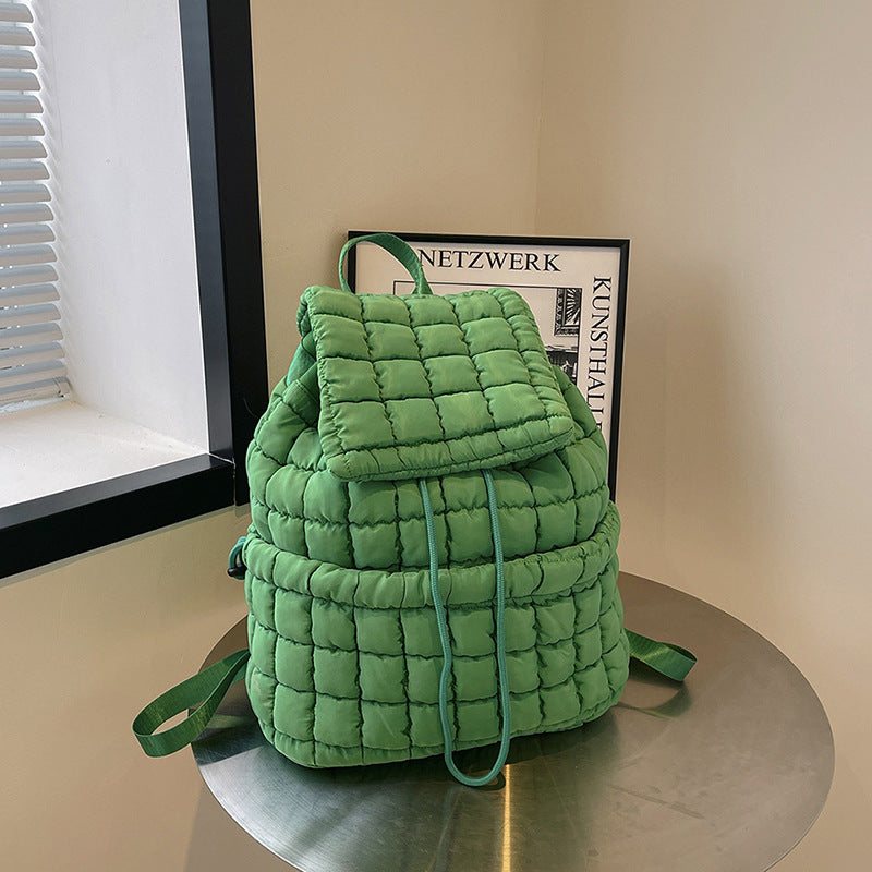 Lightweight Quilted Nylon Backpack with Adjustable Straps - Dark Green