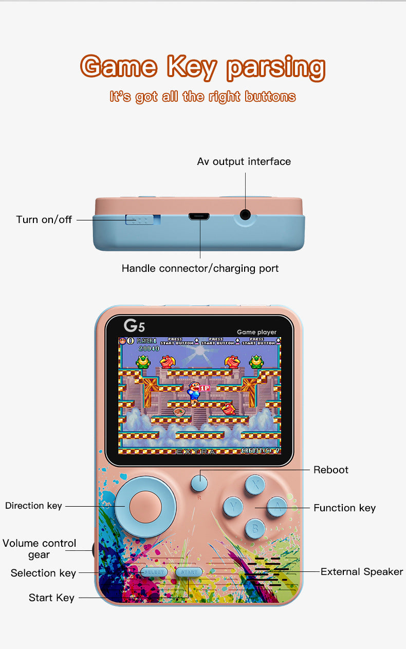 G5 Retro Handheld Game Console with 500 Classic Games - Pink with gamepad