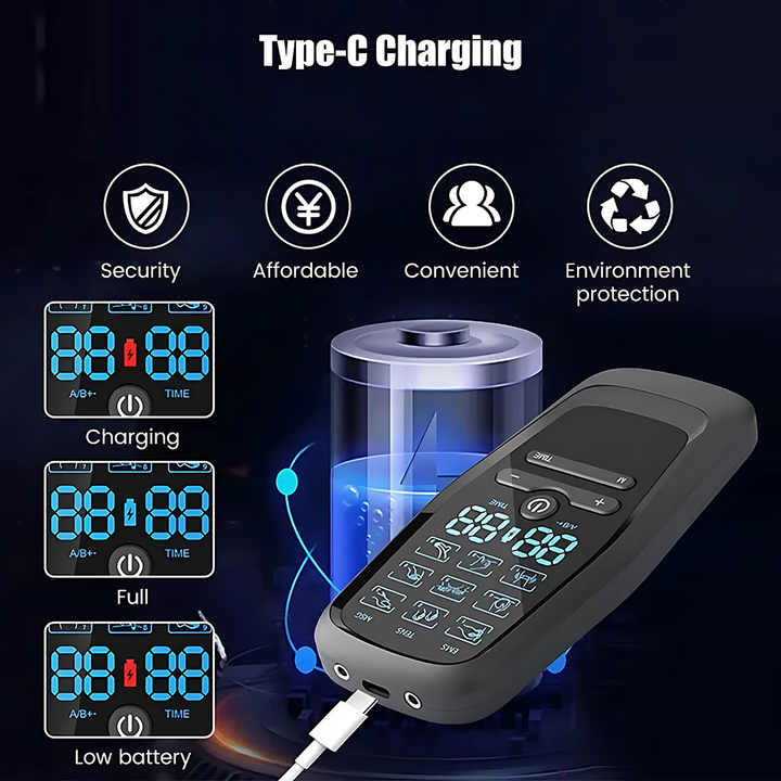 Dual Output EMS/TENS Massage Device with 9 Modes and Type-C Charging, 8 Adhesive Pads