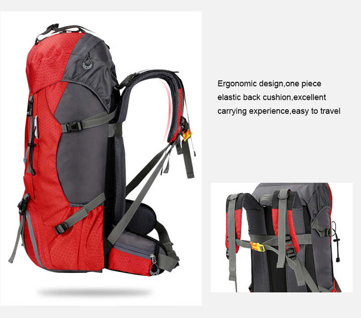 Red 60L Waterproof Hiking Backpack with Multi-Pocket Design for Outdoor Adventures