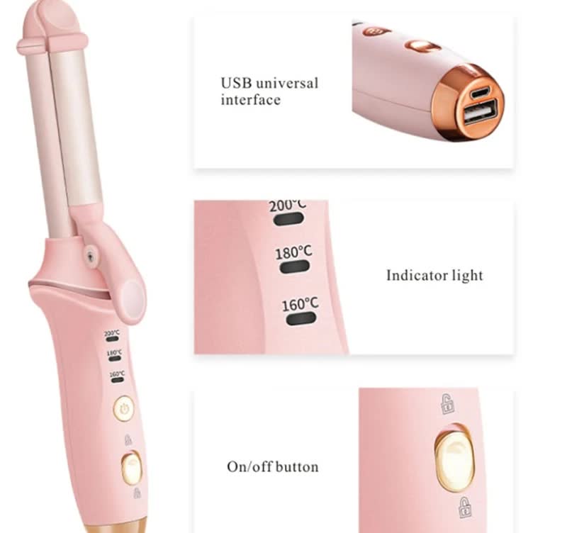 Pink Mini Cordless Hair Curler with Adjustable Heat Settings and USB Charging