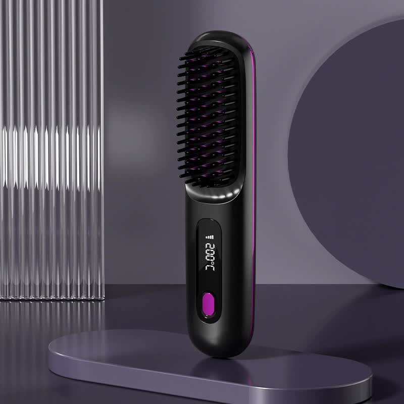 Black Wireless Hair Straightening Brush - Compact and Rechargeable Styling Tool