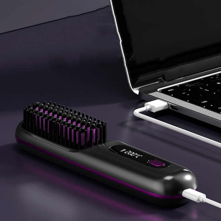 Pink Wireless Hair Straightening Brush - Compact and Rechargeable Styling Tool