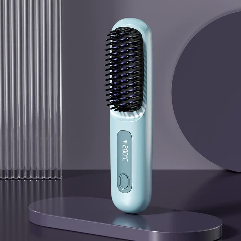 Blue Wireless Hair Straightening Brush - Compact and Rechargeable Styling Tool