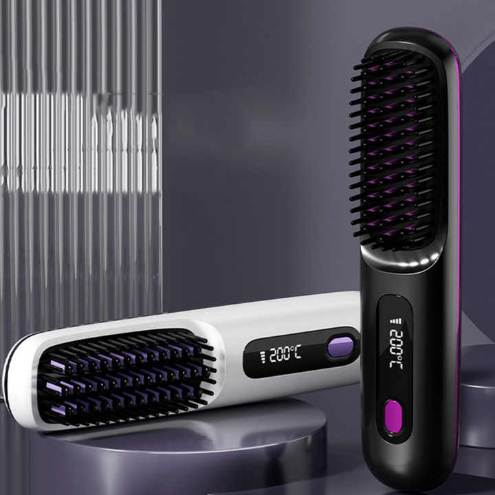 Blue Wireless Hair Straightening Brush - Compact and Rechargeable Styling Tool