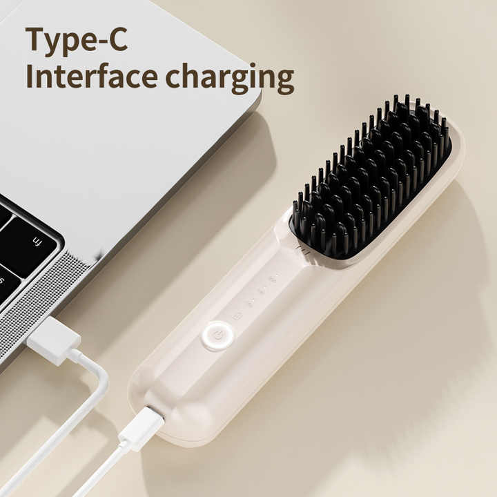 Off-white Rechargeable Wireless Hair Straightening Brush - Sleek and Portable Styling Tool