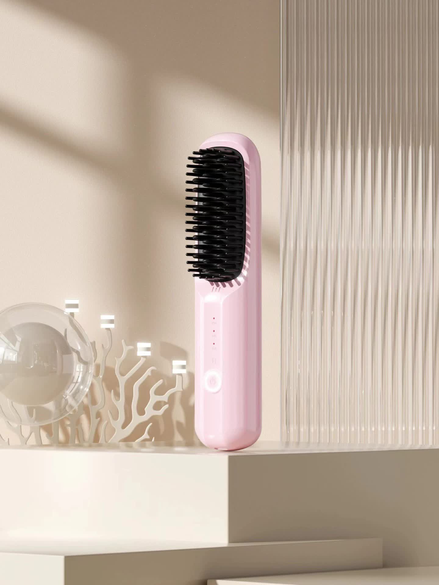 Pink Rechargeable Wireless Hair Straightening Brush - Sleek and Portable Styling Tool