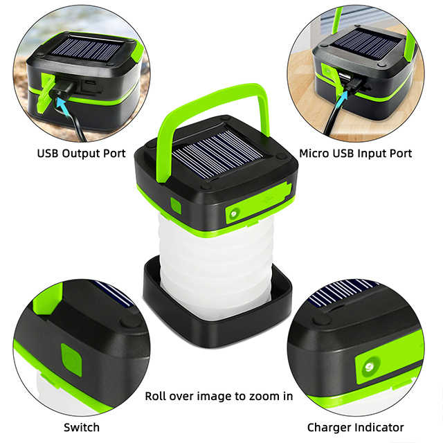 Green Collapsible Portable Solar LED Camping Lantern with USB Charging