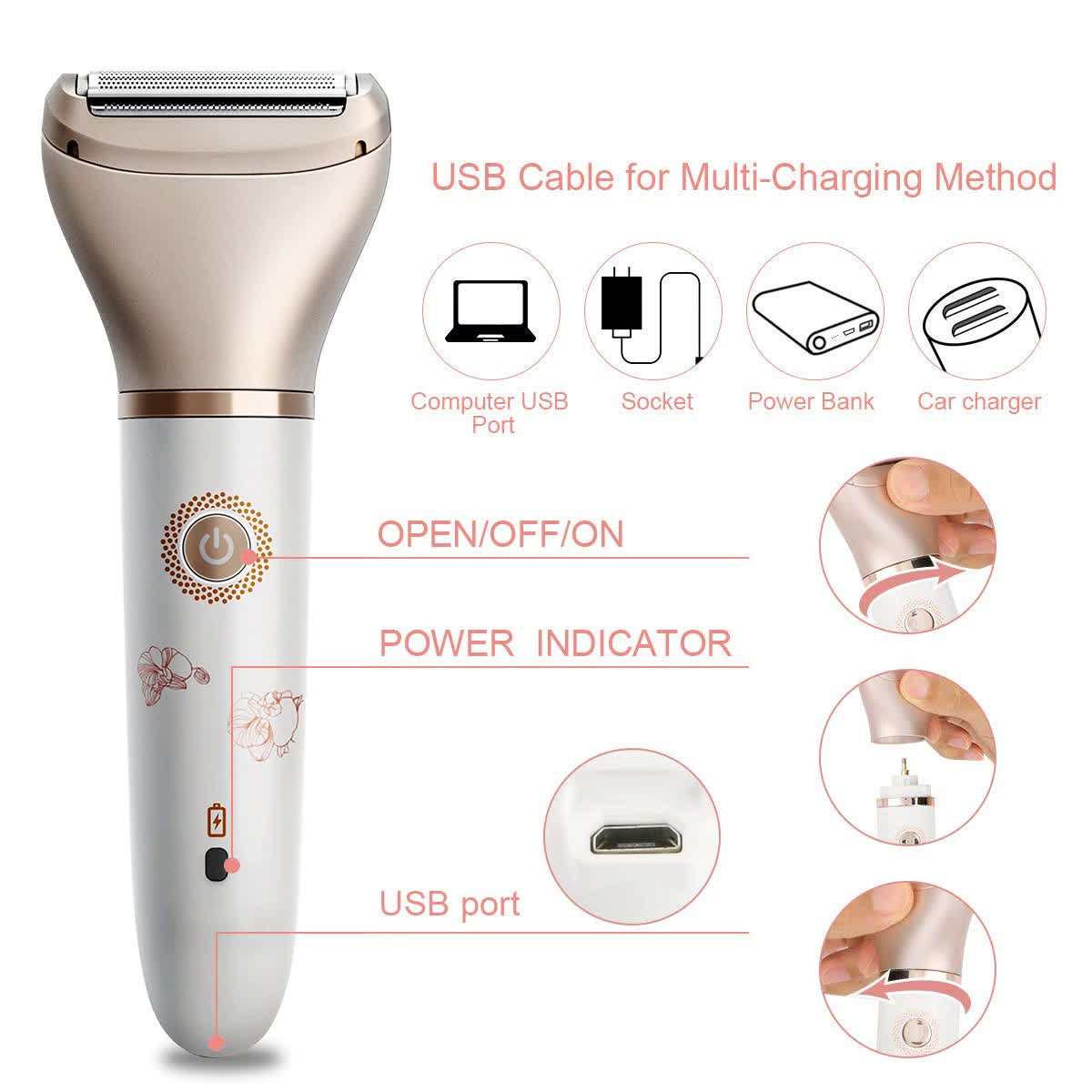 Elegant Rechargeable Electric Lady Shaver with Replaceable Head - Portable Grooming Solution