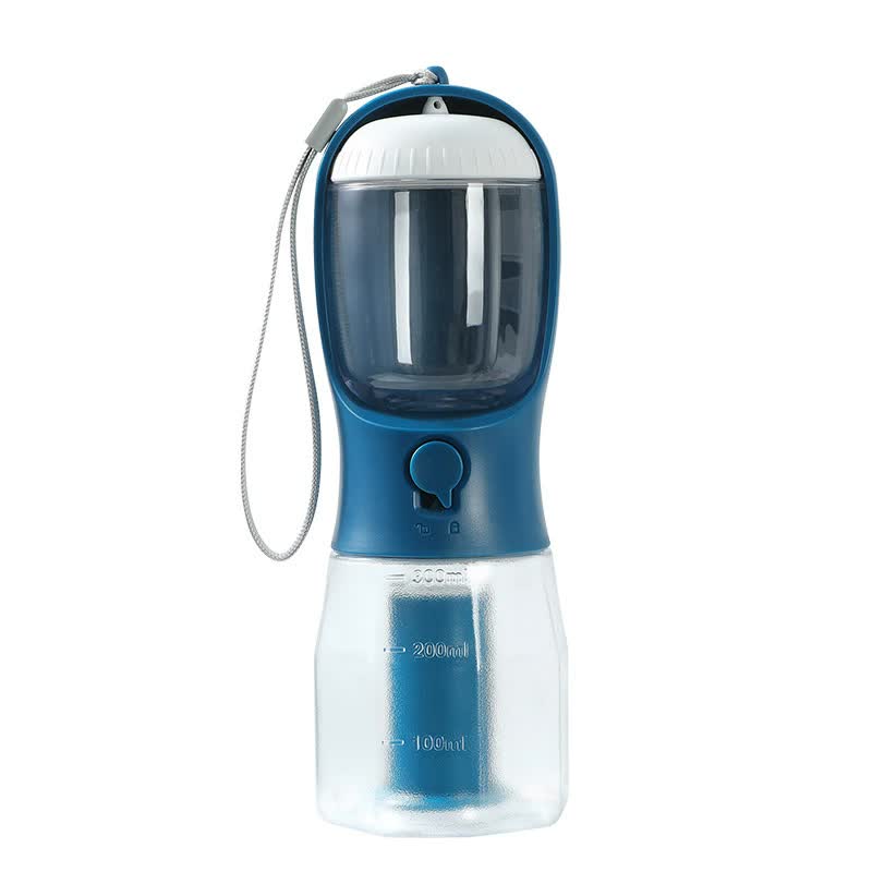 Dark Blue 3-in-1 Portable Pet Water Bottle with Food Storage and Waste Bag Dispenser - 300mL Capacity