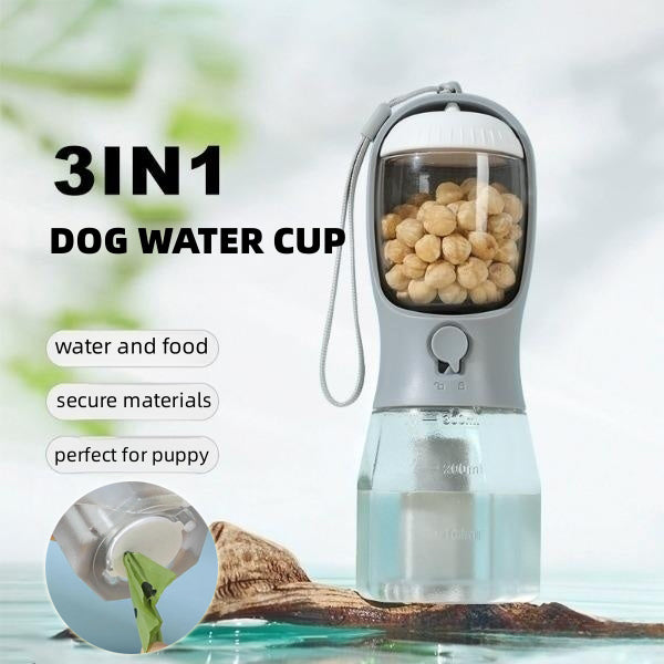 Gray 3-in-1 Portable Pet Water Bottle with Food Storage and Waste Bag Dispenser - 300mL Capacity