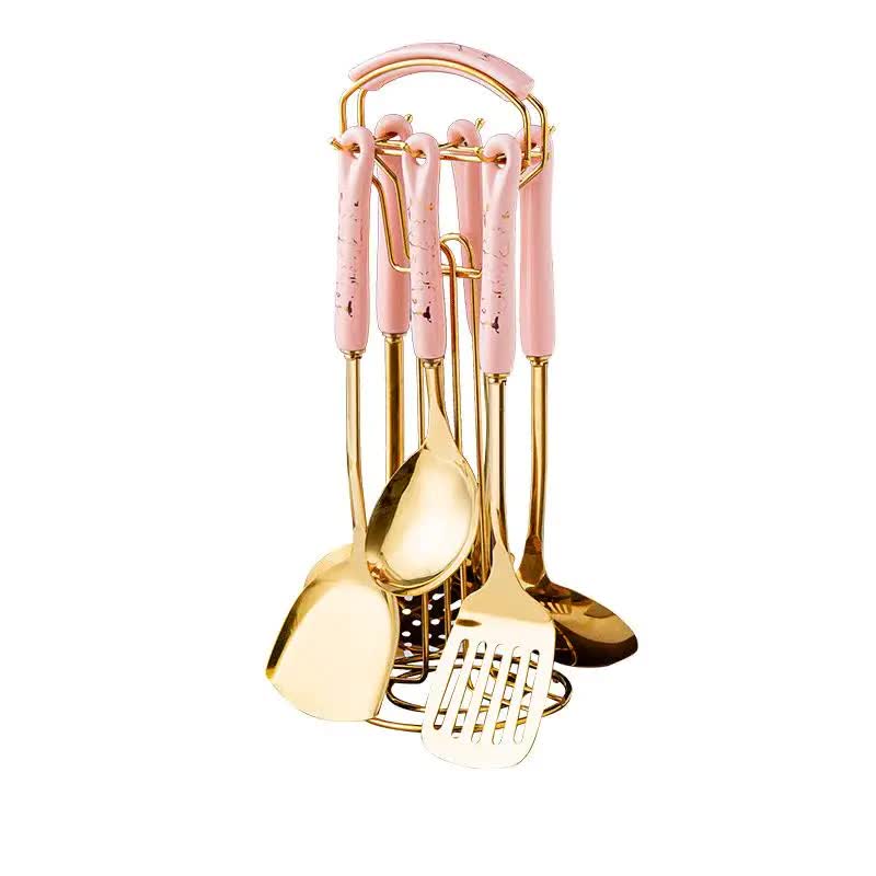 Pink Gold Stainless Steel Kitchen Utensil Set - 7-Piece Golden Cooking Tools with Stand