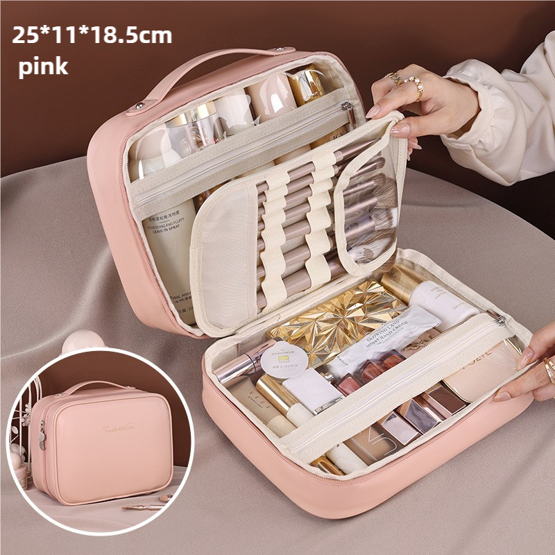 Pink Portable PU Leather Makeup Bag with Detachable Divider - Travel Cosmetic Organizer