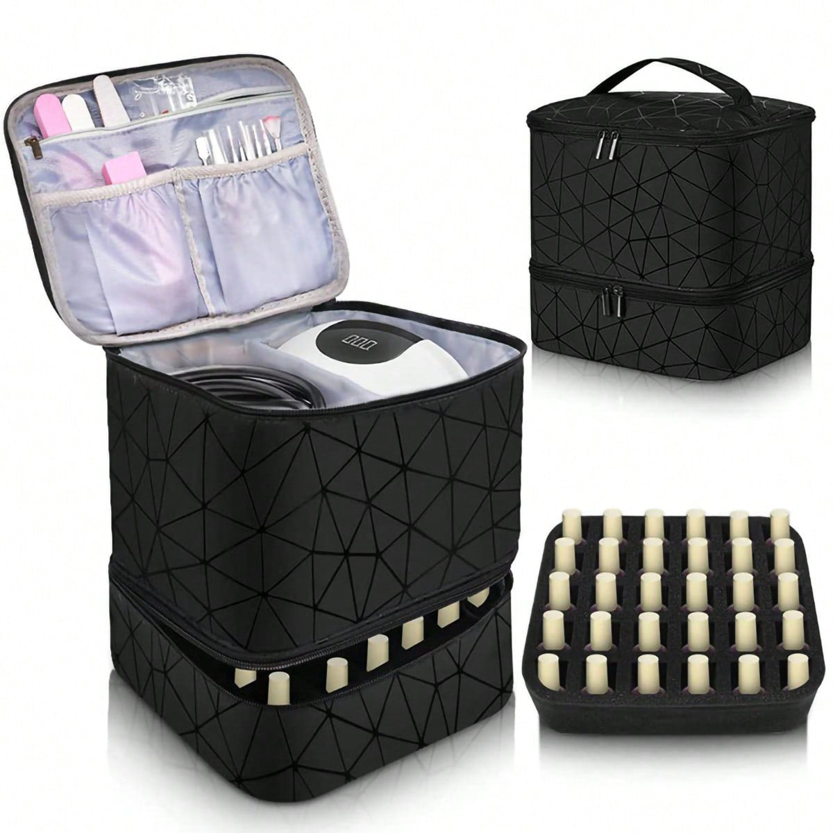 Black Large Capacity PVC Cosmetic Bag - Portable Nail Polish Storage Case with Dividers