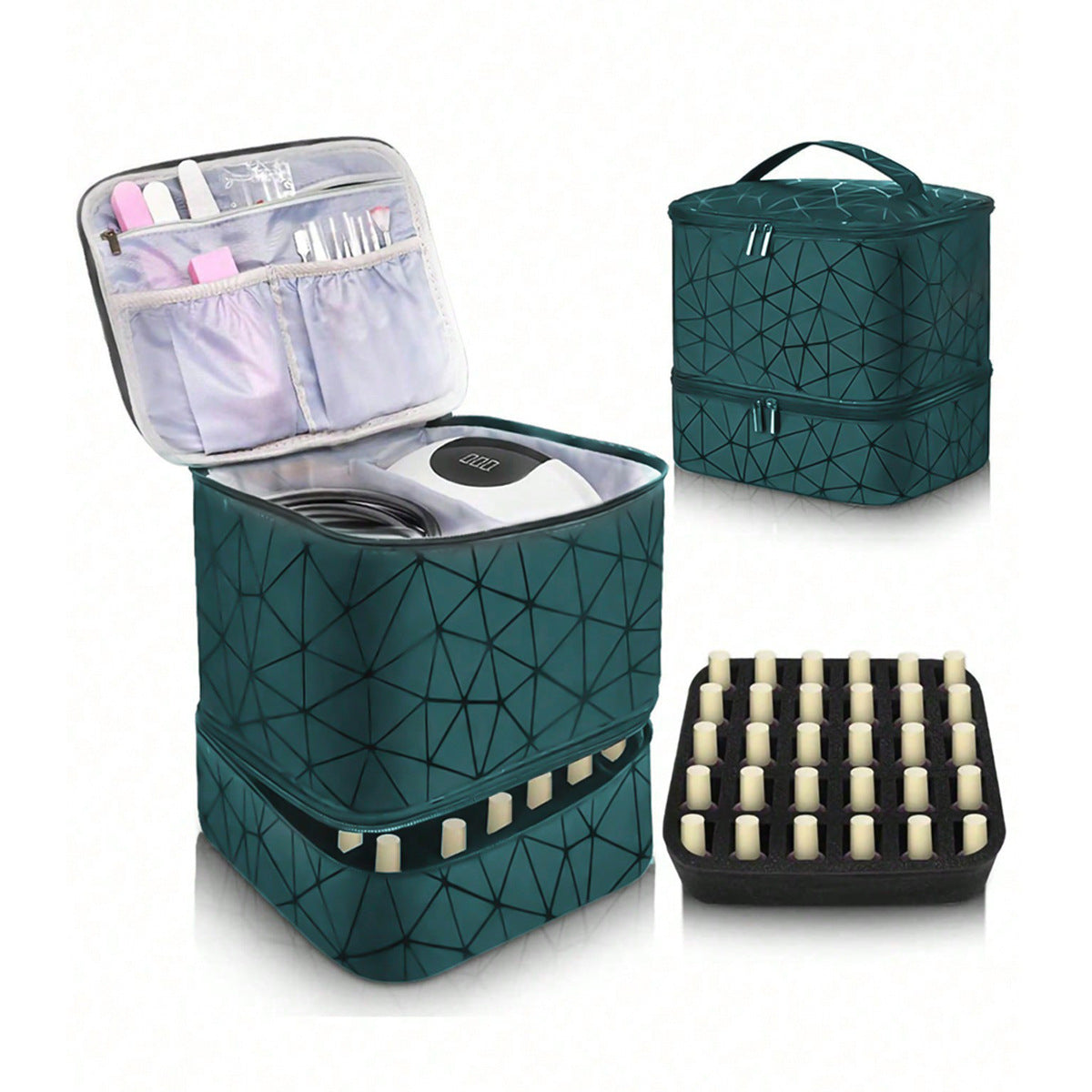 Green Large Capacity PVC Cosmetic Bag - Portable Nail Polish Storage Case with Dividers