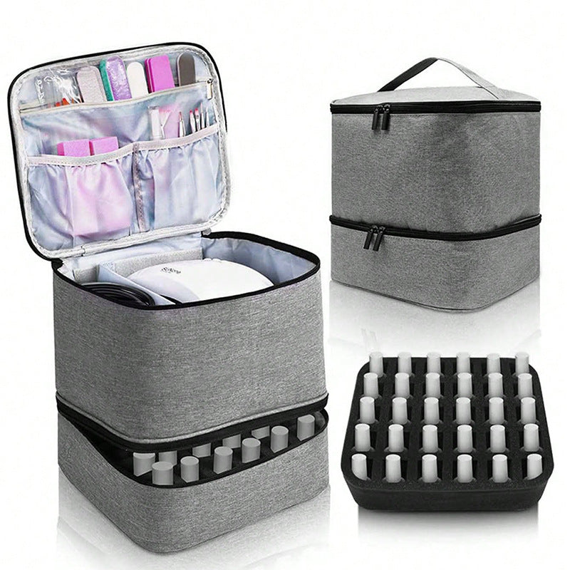 Gray Large Capacity PVC Cosmetic Bag - Portable Nail Polish Storage Case with Dividers