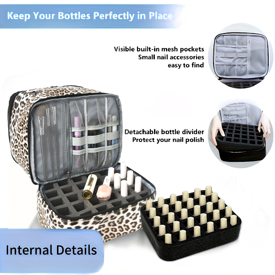 Leopard Double-Layer PU Nail Polish Storage Case with High Capacity for Essential Oils and Nail Lamp - Portable & Adjustable