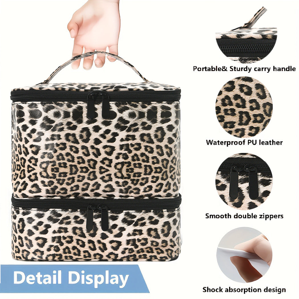 Leopard Double-Layer PU Nail Polish Storage Case with High Capacity for Essential Oils and Nail Lamp - Portable & Adjustable