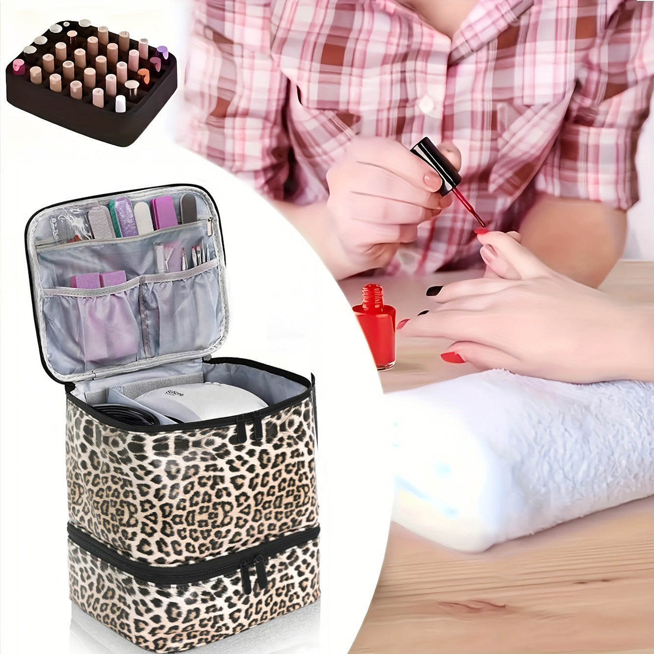 Leopard Double-Layer PU Nail Polish Storage Case with High Capacity for Essential Oils and Nail Lamp - Portable & Adjustable