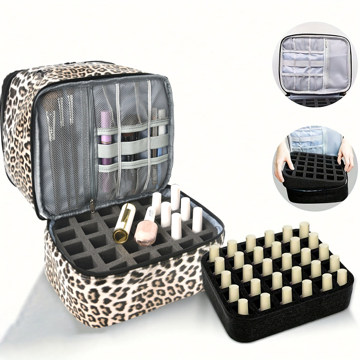 Leopard Double-Layer PU Nail Polish Storage Case with High Capacity for Essential Oils and Nail Lamp - Portable & Adjustable