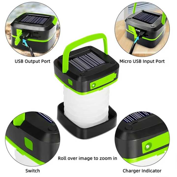 Green Collapsible Solar LED Camping Lantern with USB Charging - Portable Outdoor Light