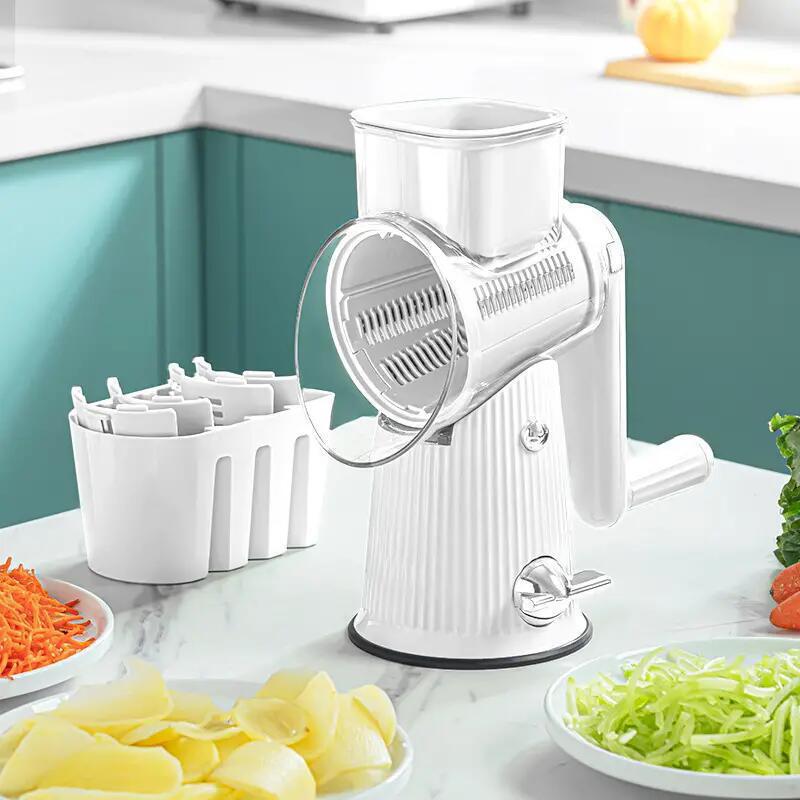 White 10-in-1 Manual Vegetable Slicer with Interchangeable Blades - Multifunctional Rotary Grater and Shredder for Kitchen Use