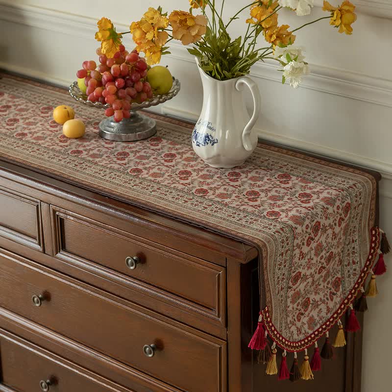 Red Vintage Bohemian Tassel Table Runner - 40x180cm Decorative Linen