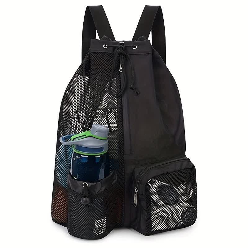 Black Mesh Drawstring Backpack - Lightweight Sports and Beach Bag with Pockets