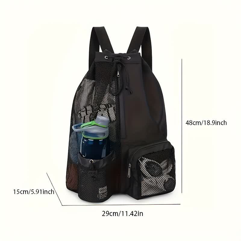 Green Mesh Drawstring Backpack - Lightweight Sports and Beach Bag with Pockets