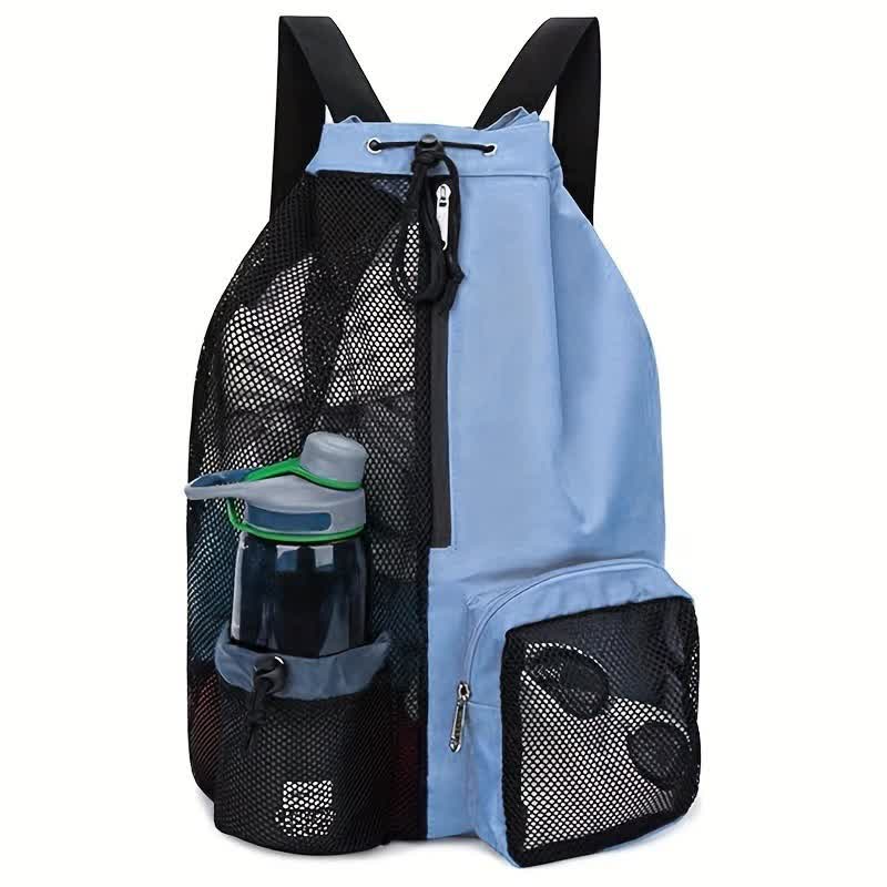 Blue Mesh Drawstring Backpack - Lightweight Sports and Beach Bag with Pockets