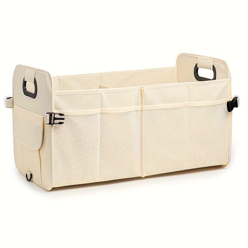 Beige Foldable Car Trunk Organizer - Multi-Compartment Storage Box with Handles