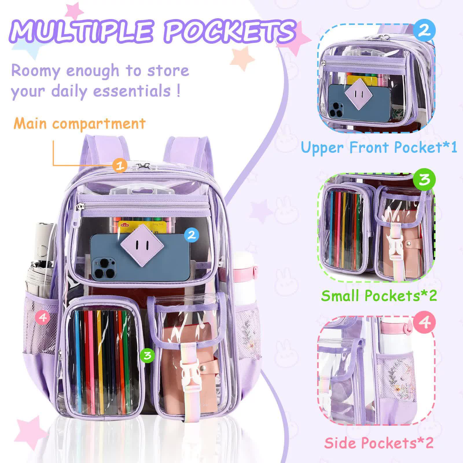 Purple Clear Transparent Backpack - Stylish PVC School Bag with Multiple Pockets